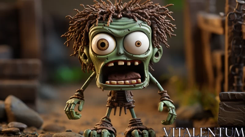 Animated Zombie Figurine: A Playful Caricature in Wood and Clay AI Image