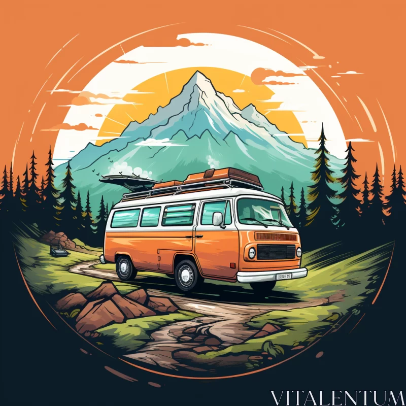 Vintage Camper Van Illustration with a Mountainous Backdrop AI Image