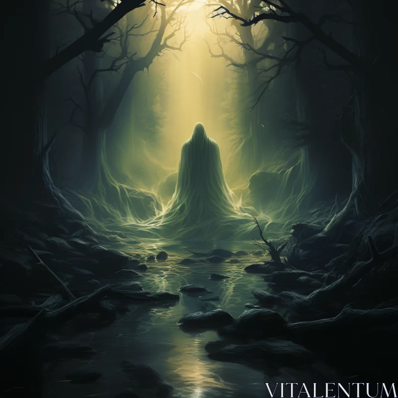Ethereal Presence in the Dark Forest: A Study in Pensive Stillness AI Image