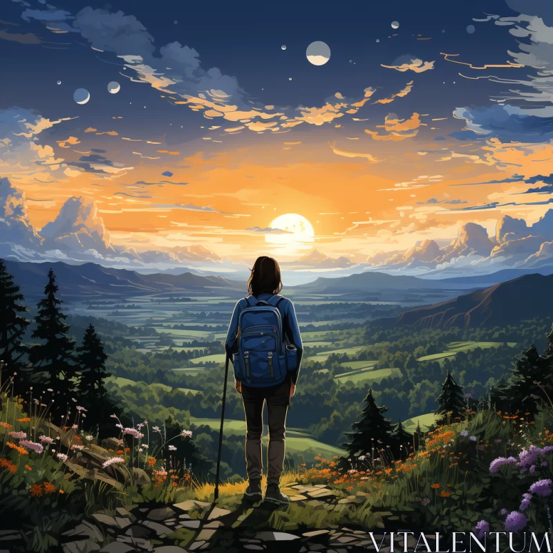 Woman Hiking at Sunset - Anime Art Inspired Post-Impressionistic Landscape AI Image
