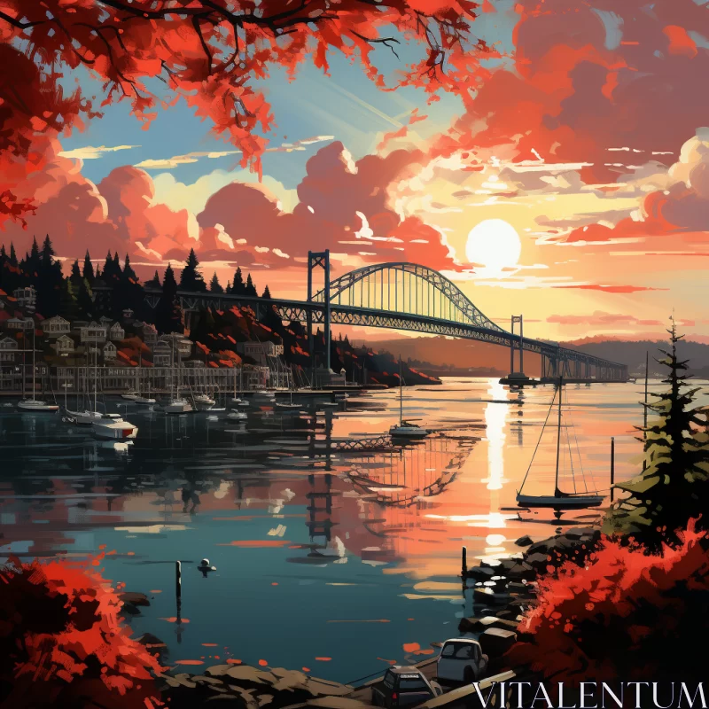 Dreamlike Illustration of Seattle Bridge Amidst Autumnal Foliage AI Image