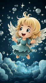 Joyful Little Angel Amidst the Clouds: A Charming Illustration AI Image