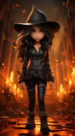 Charming Witch Amidst Erupting Flames: A Blend of Cartoon and Realism AI Image