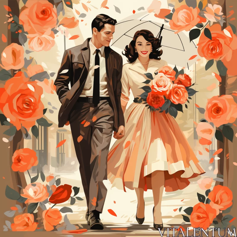 AI ART Vintage Poster Design - Romantic Stroll with Roses