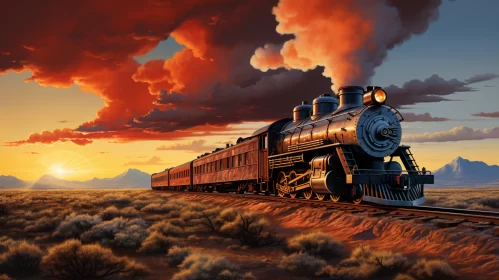 Classic Tonalist Art of Steam Train in Desertwave Setting AI Image