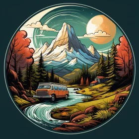 Retro Van in Fluid Mountain Landscape - Detailed Art Nouveau Illustration AI Image