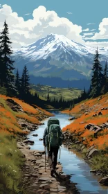 Hiker Leading Stream Towards Mountain in Northwest School style AI Image