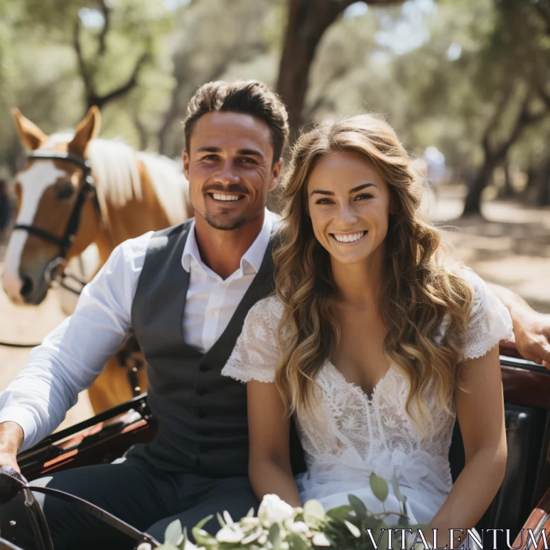 Joyful Bride and Groom in Antique Carriage - A Candid Wedding Moment AI Image