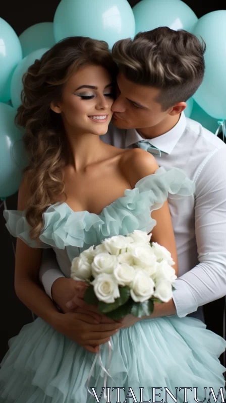Bride and Groom in Aquamarine Ambience: A Barbiecore Wedding AI Image