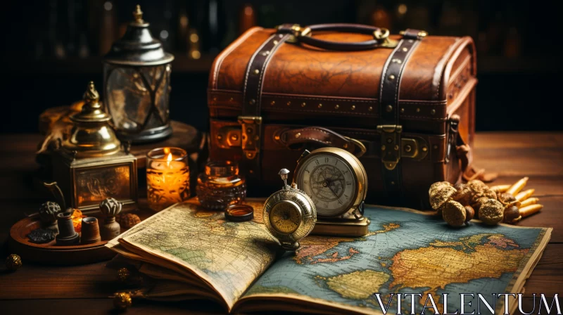 AI ART Epic Vintage Scene with Suitcase, Book, Map, and Compass