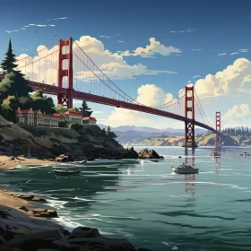 Idyllic Rural Scene with the Golden Gate Bridge - Detailed Cartoon-style Art AI Image