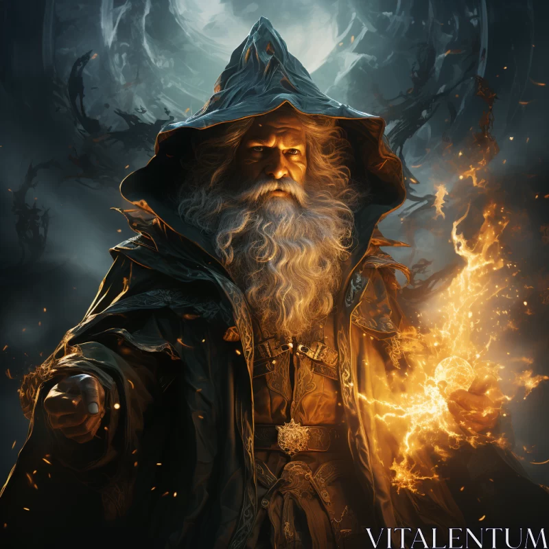 AI ART Fantasy Genre Art: Aged Wizard Holding Fire