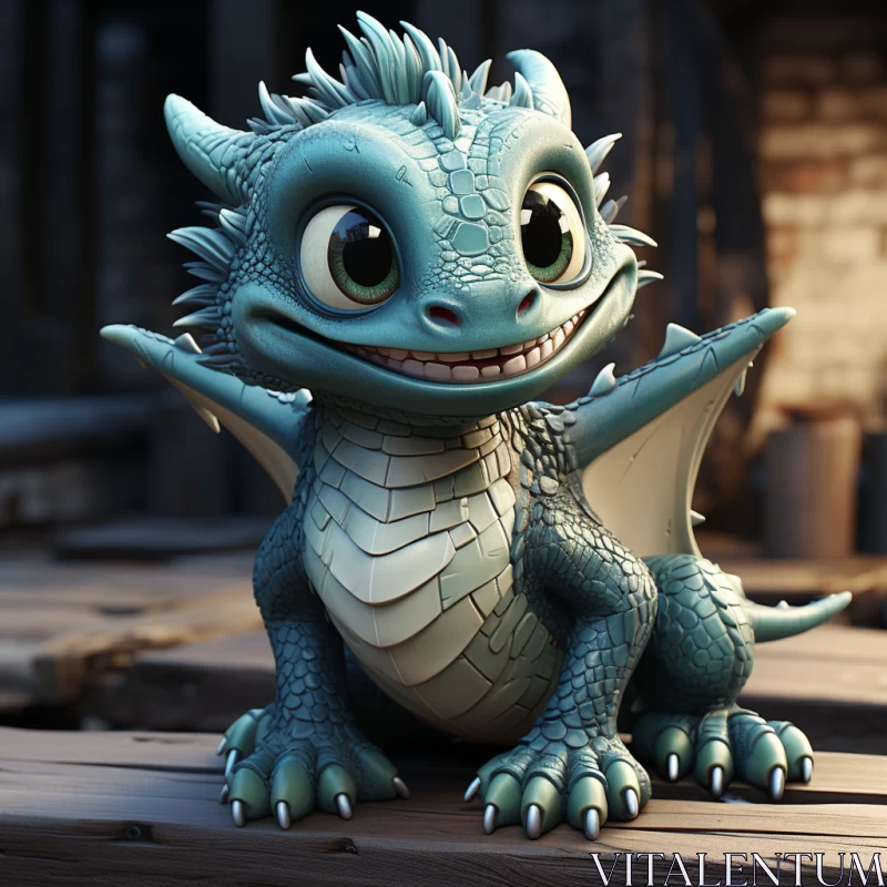 3D Cartoonish Blue Dragon on Wooden Floor AI Image