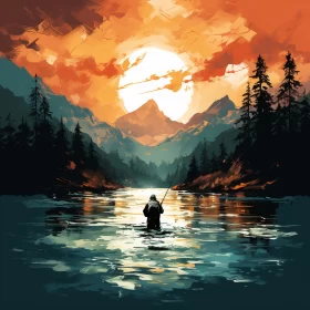 Man Fishing on Lake at Sunset - Digital Stencil Art AI Image