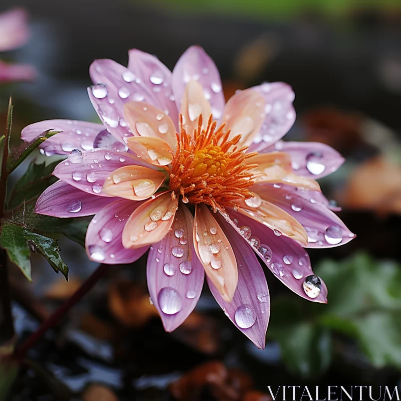 Purple and Orange Flower with Water Drops - A Touch of Realism AI Image