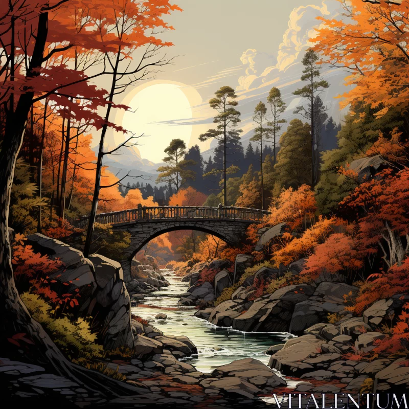 AI ART Autumn Mountain Landscape with Detailed Bridge Illustration