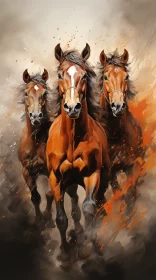 Captivating Speedpainting of Three Brown Horses in Dark Orange