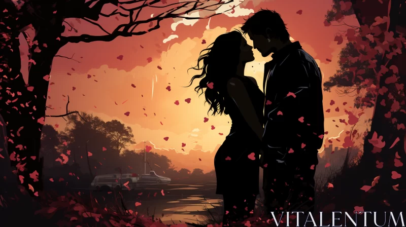 Romantic Love Illustration: Couple at Sunset AI Image