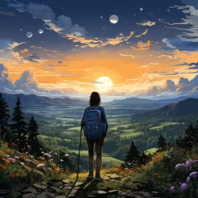 Woman Hiking at Sunset - Anime Art Inspired Post-Impressionistic Landscape AI Image