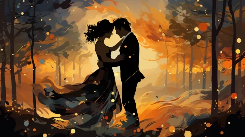 Romantic Forest: Amber-lit Love Illustration AI Image