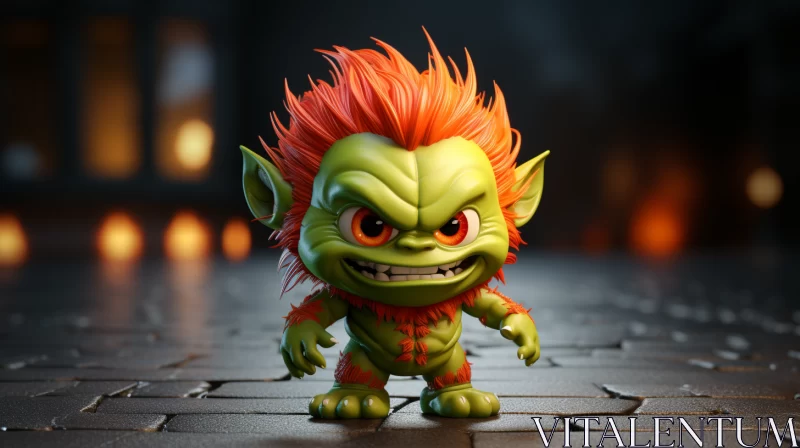 Captivating Toy-like Troll with Orange Hair on a Dark Street AI Image