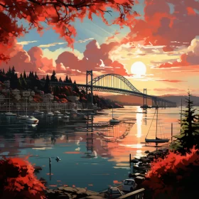Dreamlike Illustration of Seattle Bridge Amidst Autumnal Foliage AI Image