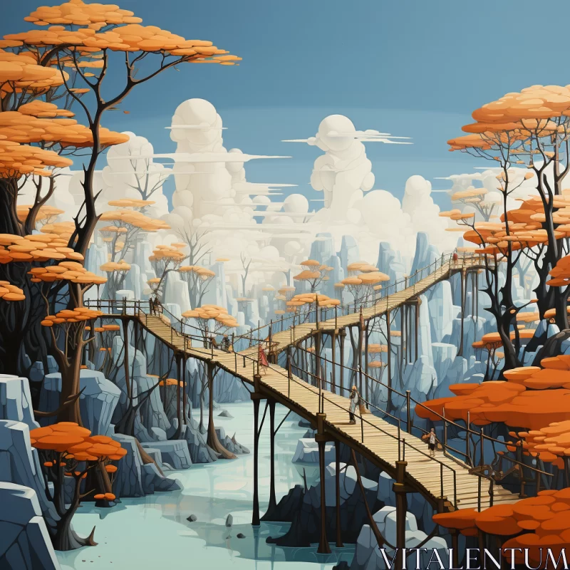 Fantasy Landscape with Treetop Bridge and Colorful Woodcarvings AI Image