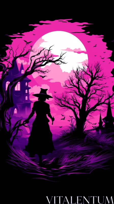 AI ART Mysterious Witch Silhouette Against Vibrant Pink