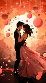 Romantic Illustration of Couple under Red Lanterns AI Image