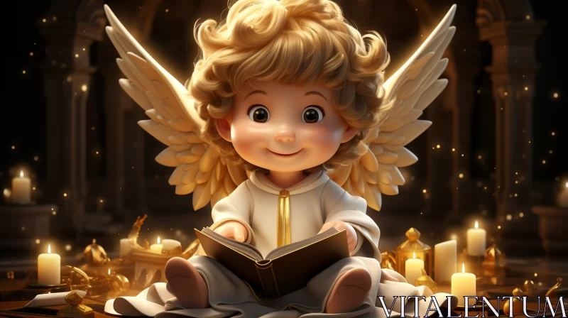 Charming Angel Character Reading Book in Candlelight Illustration AI Image