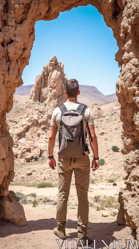 Man Gazing through Natural Arch in Desert - A Blend of Scoutcore and Hikecore AI Image