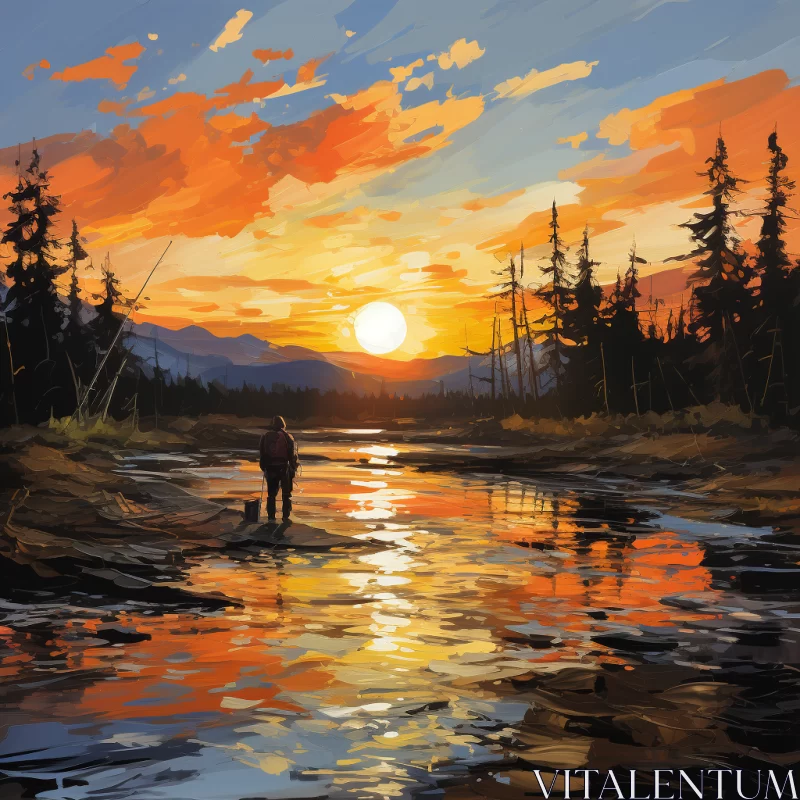 Tonalist Wilderness: A Colorful Mural by the Water AI Image