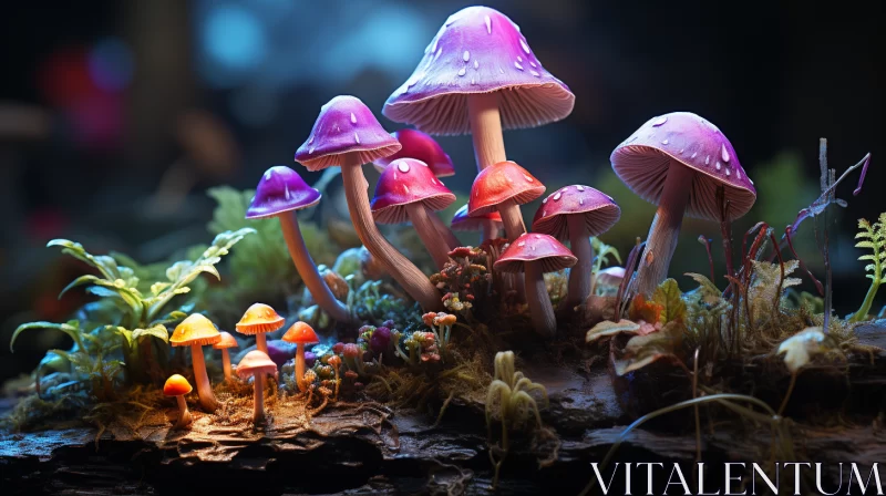 Colorful Mushrooms on Log: Ultraviolet Miniature Art AI Image