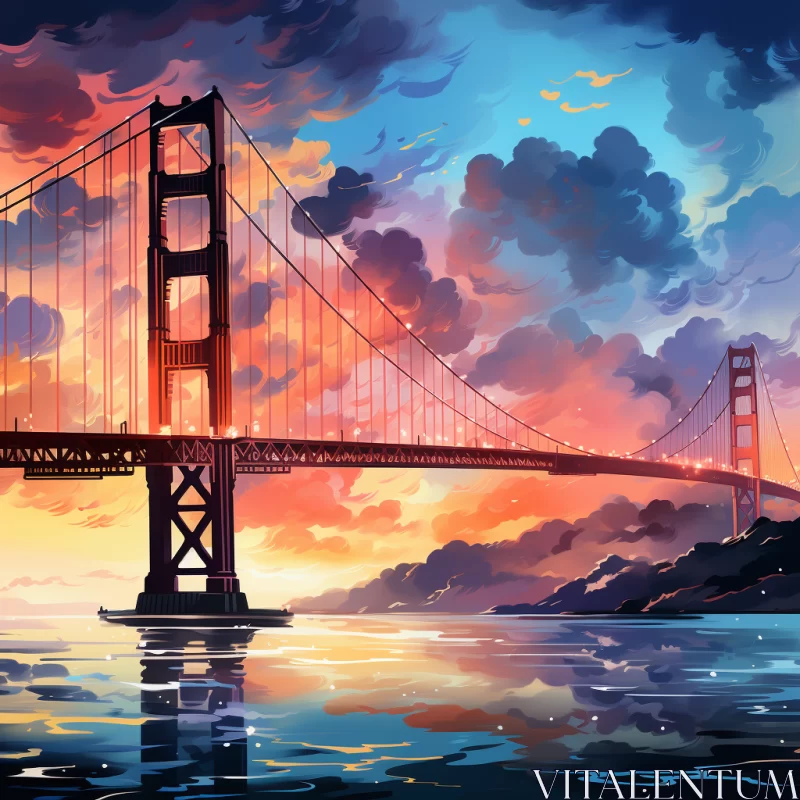 AI ART Golden Gate Bridge at Sunset - Romantic Architectural Illustration