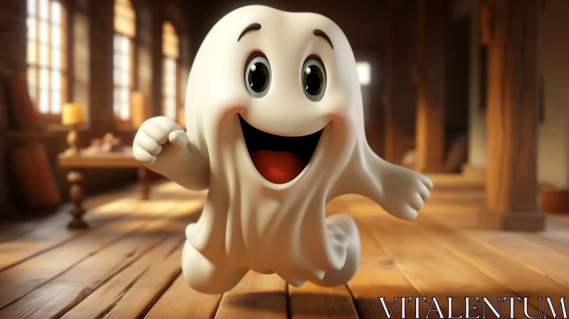 Joyful Cartoon Ghost Sprinting on Wooden Floor AI Image
