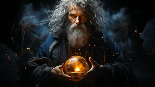 Epic Portraiture of Wizard with Golden Ball AI Image