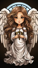 Illustrated Angel with Golden Wings in Colored Cartoon Style AI Image