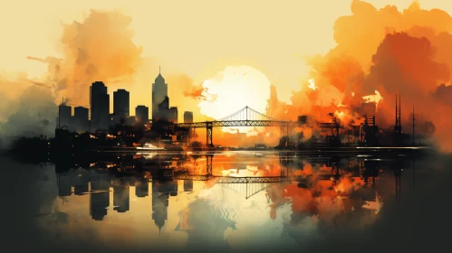 Illustrated Sunset City Skyline in Australian Tonalism Style AI Image
