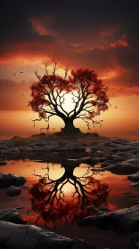 Surreal Nature: Heart-Shaped Tree in Sunset AI Image