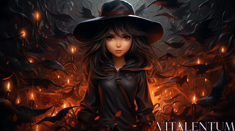 Witch on Fire: Dark Fantasy Anime Art Halloween Wallpaper AI Image