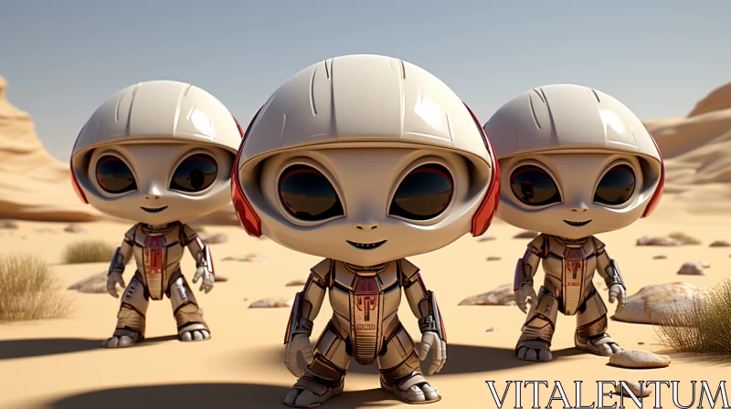 Dreamy 3D Alien Figures in Futuristic Desert Setting AI Image