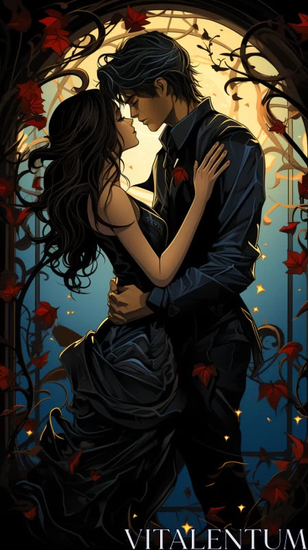 Gothic Love: Storybook Illustration of a Couple Kissing Under the Moonlight AI Image