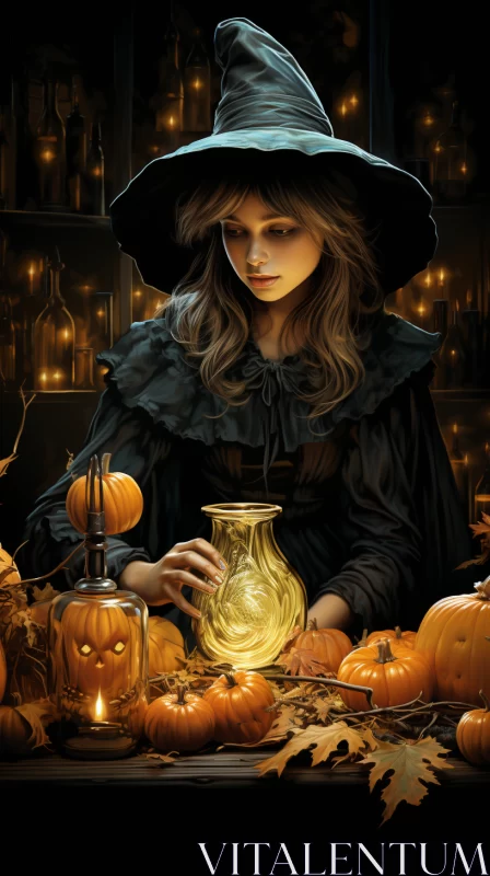 Photorealistic Witch Illustration in Amber and Black AI Image