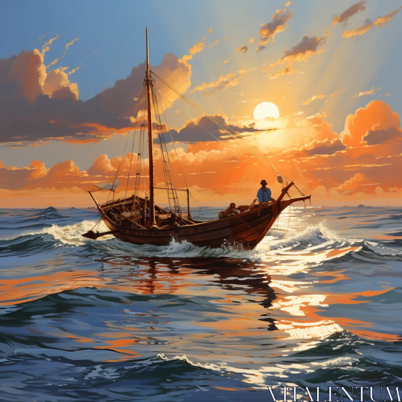 AI ART Traditional Maritime Illustration: Wooden Boat at Sunset