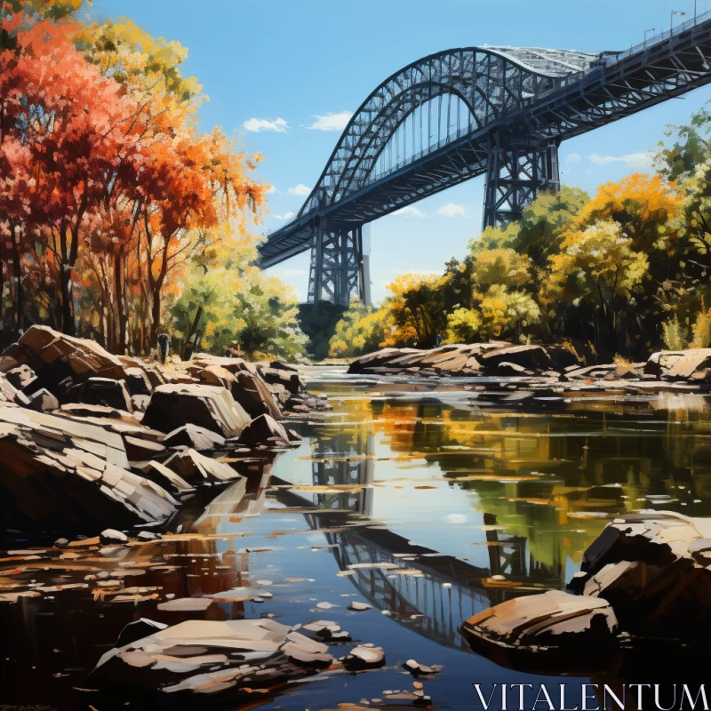 Autumn River and Bridge Scene in Hyperrealist Style AI Image