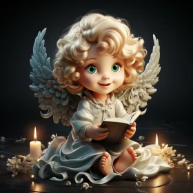 Charming Baby Angel Reading Book - Zbrush Character Illustration AI Image