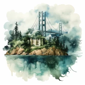 Gothic Watercolor Illustration of Golden Gate Bridge and Island AI Image