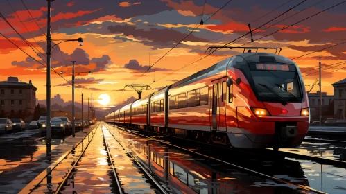 Colorful Pixel-Art Style Red Train with Luminous Landscape AI Image