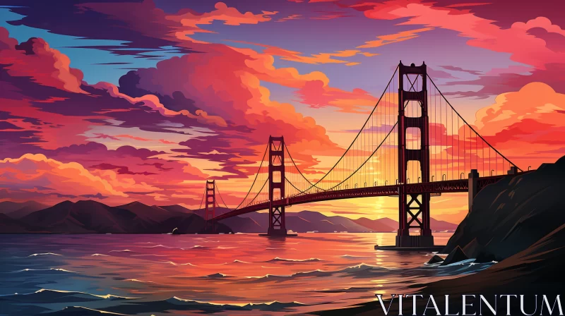 Golden Gate Bridge at Sunset - A Romantic Cartoon Style Illustration AI Image