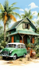 Green Car Parked Outside Palm House: A Nostalgic Rendering AI Image